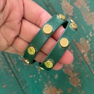 Tory Burch Forest Green Leather Logo Stud wrap bracelet